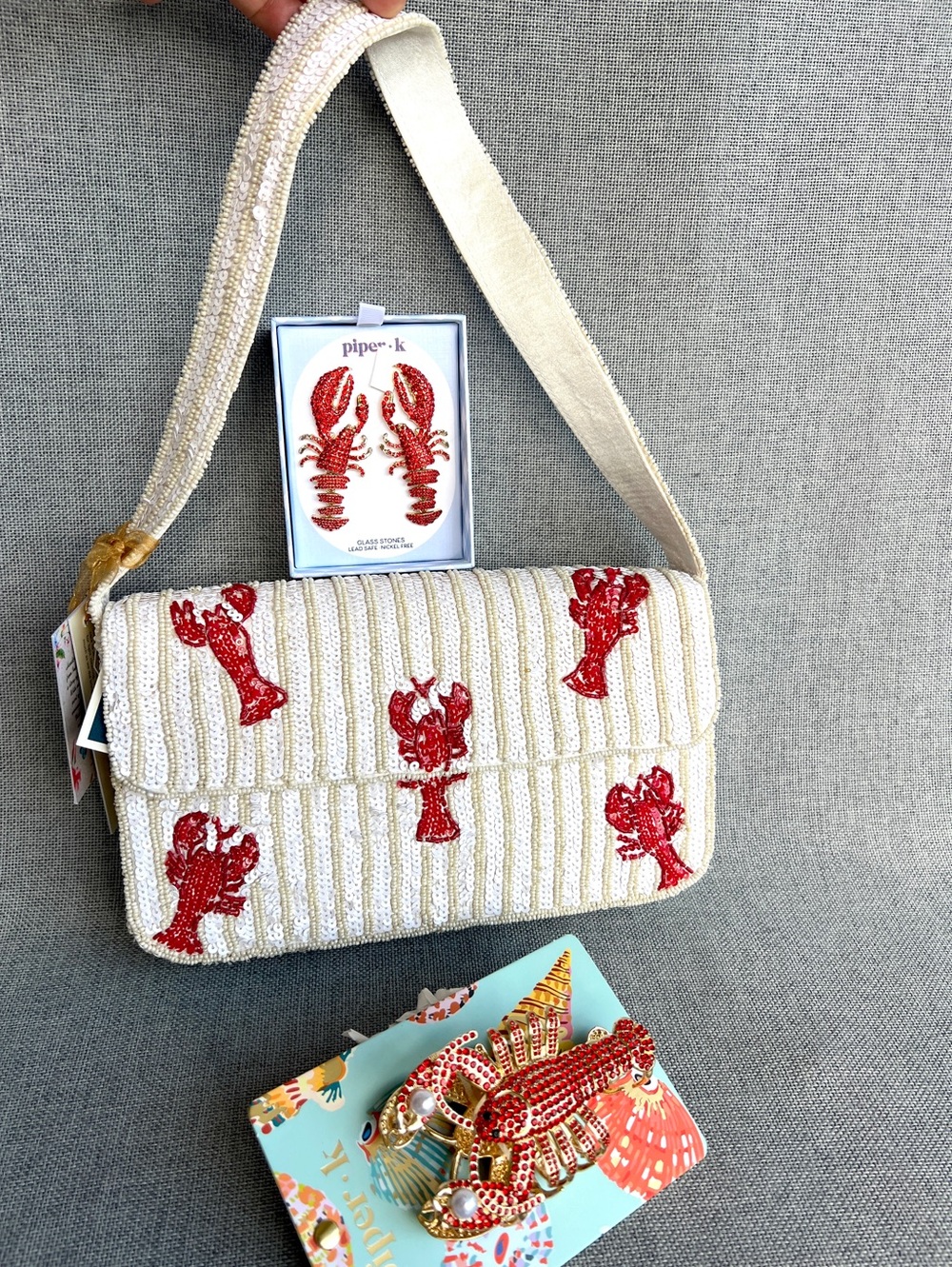 Handmade Lobster sequined Beaded top handle shoulder bag white cream red